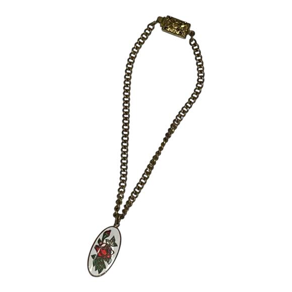 Vintage Japan Gold Tone Chain Bracelet w/ Enamel Painted Red Rose Pendant – 7" - Picture 2 of 10